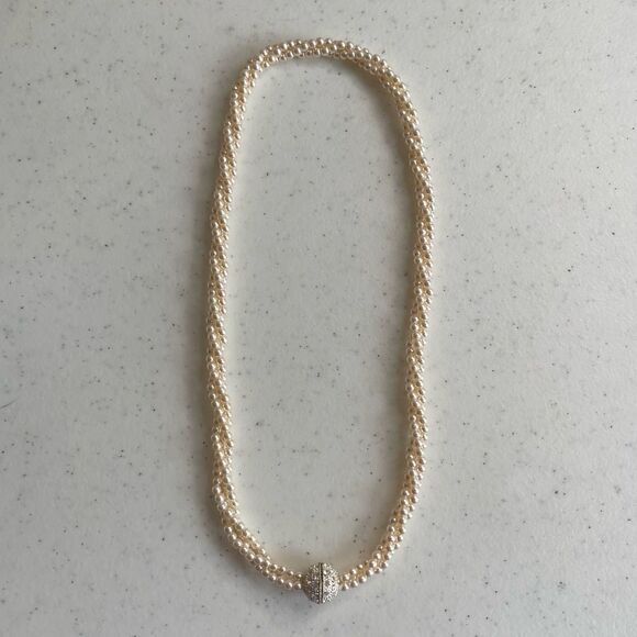 Faux Pearl Triple Wrap Necklace w/ Magnetic Silver-tone Center Clasp - Picture 1 of 4